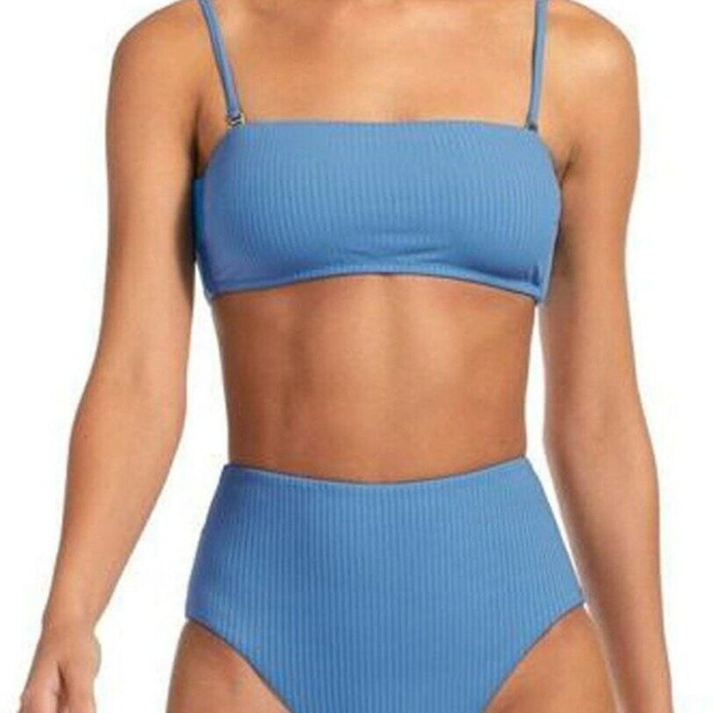 174-SKY BLUE BANDEAU TOP & HIGH WAIST BOTTOM BIKINI SET SIZE LARGE NWOT